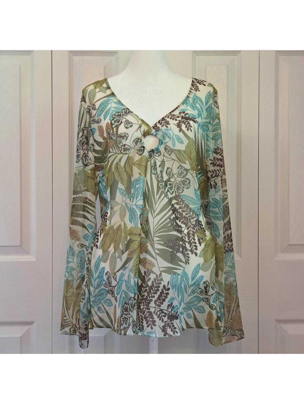 Sheer Abstract Green & Blue Floral Print Blouse Size M Boho Tropical Keyhole